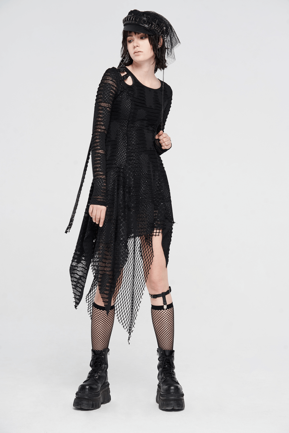Black Gothic long sleeve dress with snake print, mesh layers, and bold cutout for a dark chic look.