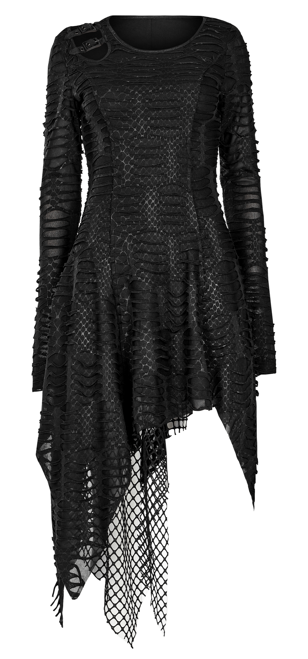 Black Gothic snake print long sleeve dress with mesh layering and daring cutout details, perfect for a dark queen look.