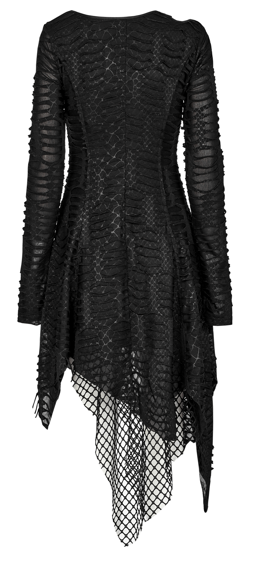 Back view of a black gothic snake print dress with layered mesh and irregular hem, showcasing edgy cutout detail.