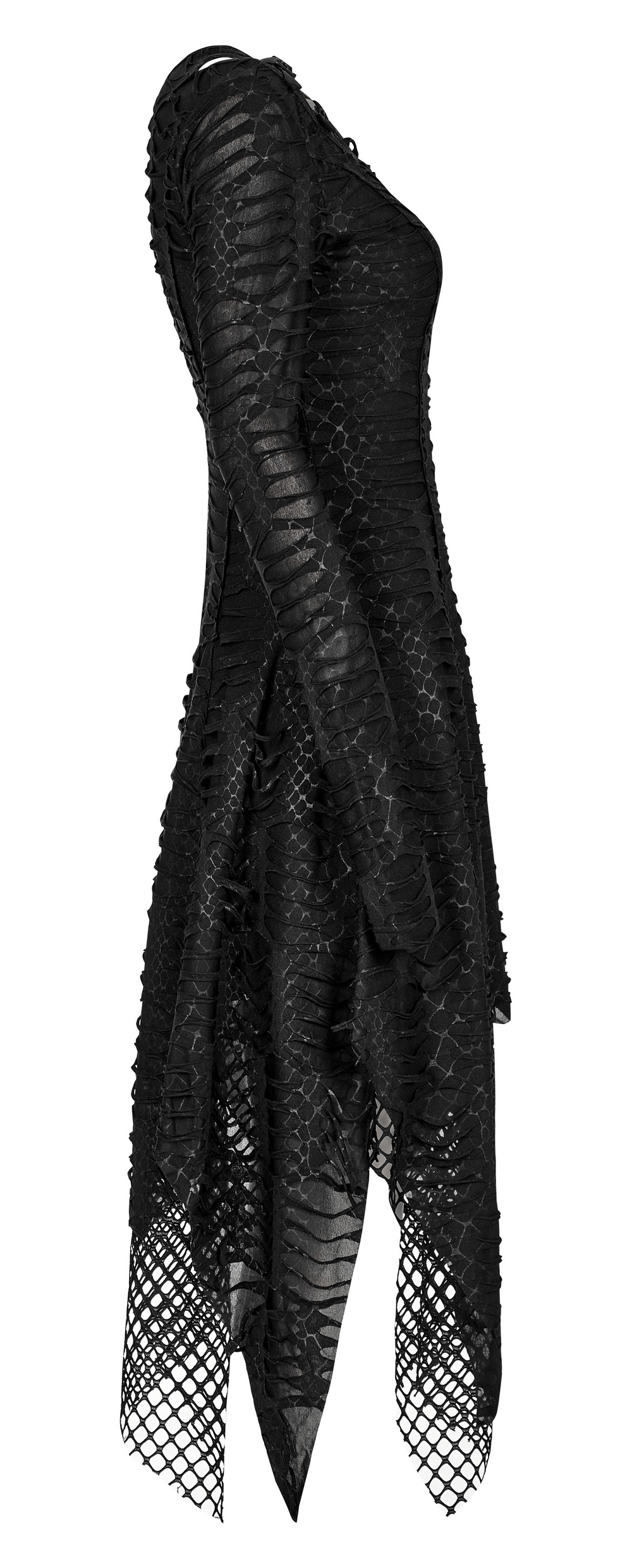 Black Gothic snake print long sleeve dress with mesh detailing and asymmetric hem for a daring fashion statement.