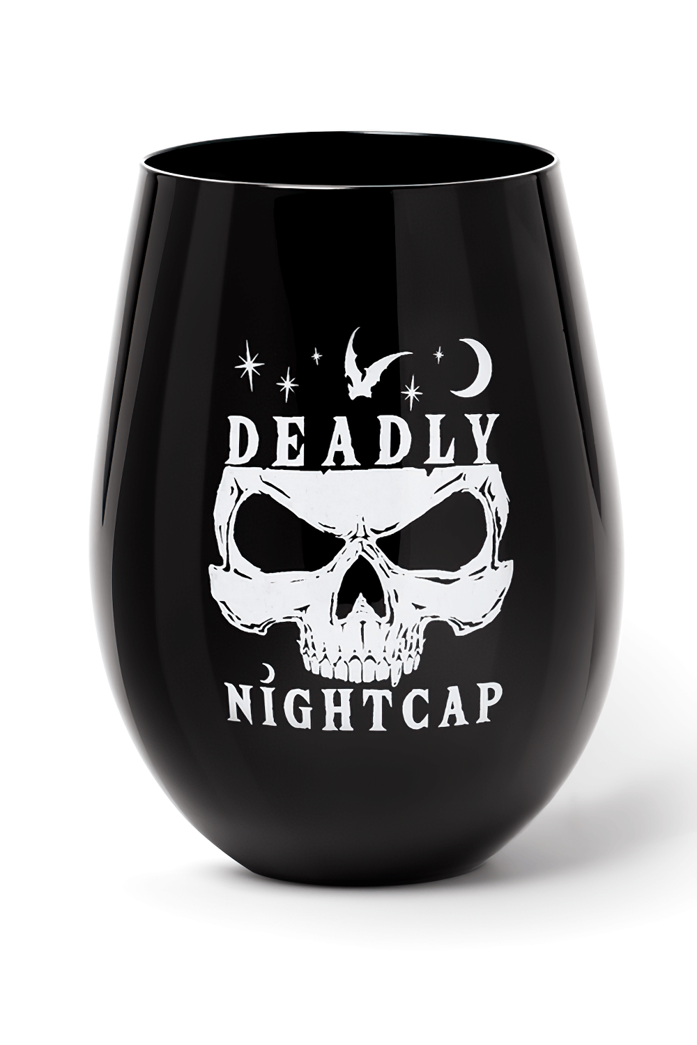 Glossy black stemless glass with skull and 'Deadly Nightcap' design, perfect for cocktails and gothic style lovers.