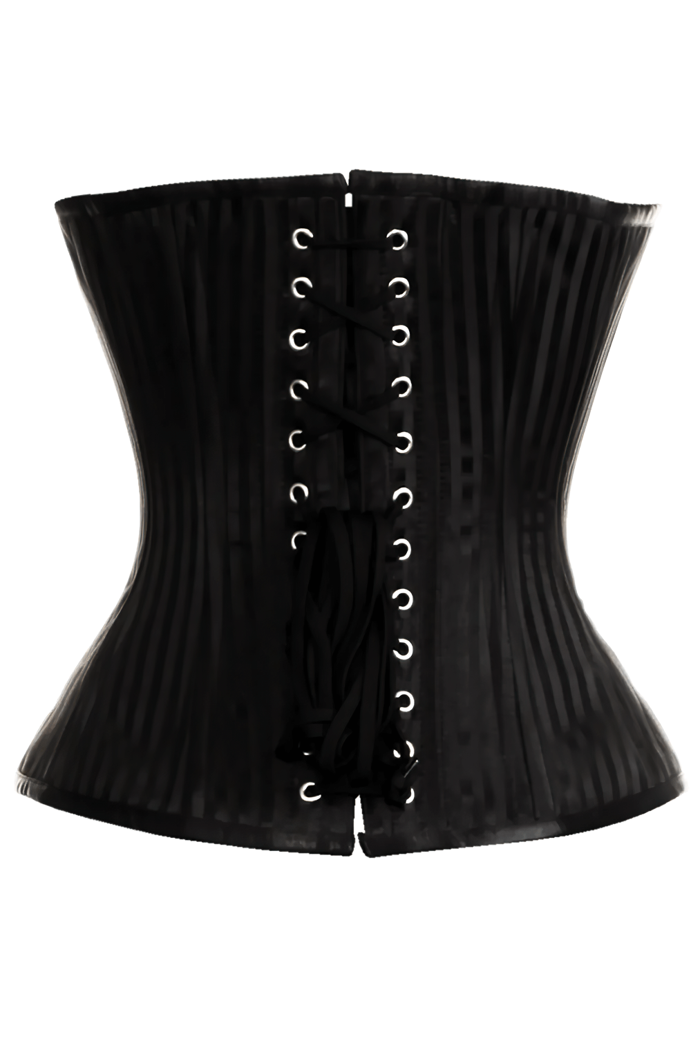 Alt Tag: Black Striped Overbust Waist Training Corset Top with steel boning, front busk closure, and adjustable lace-up back for hourglass fit