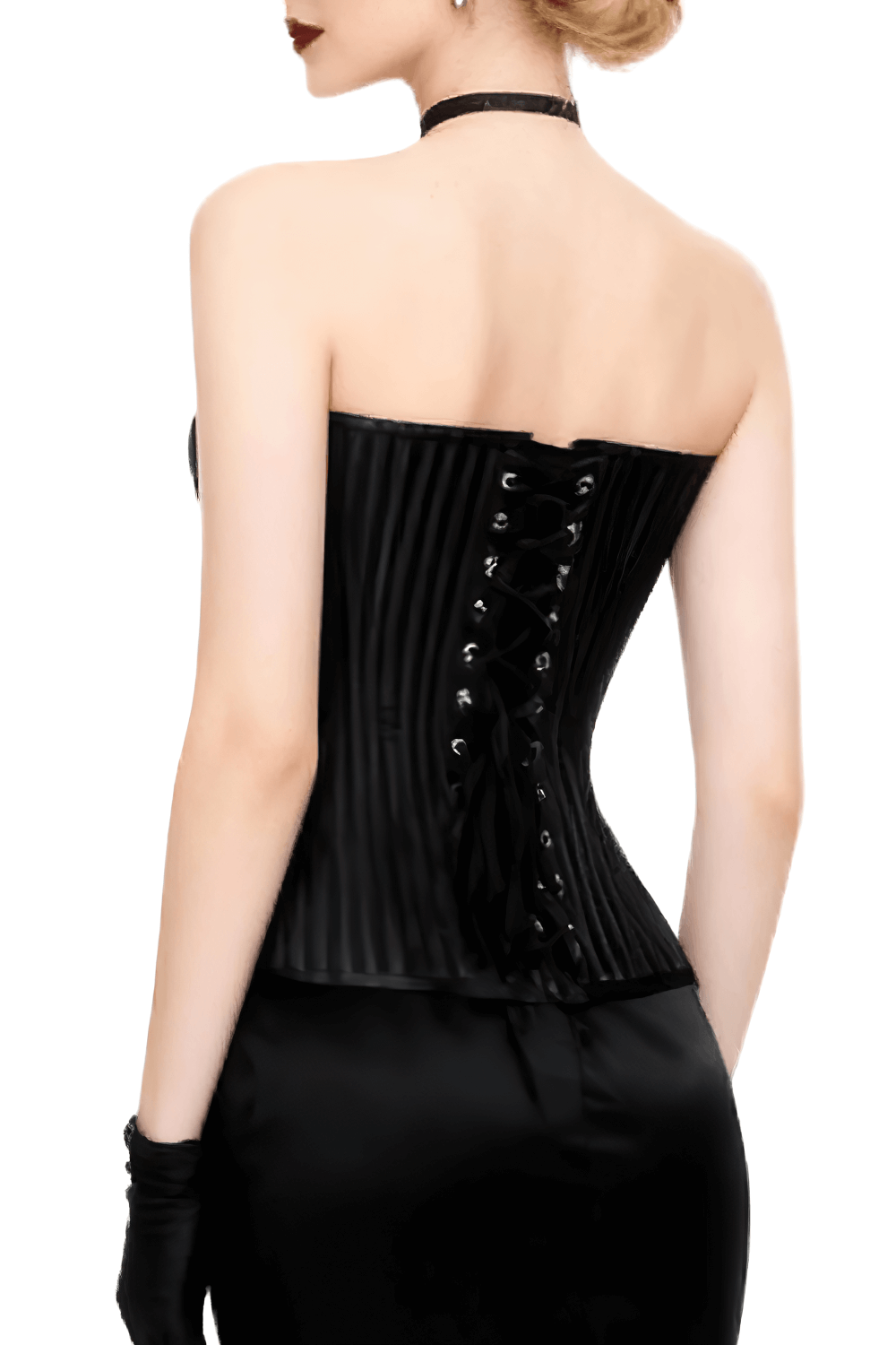 Black Striped Overbust Waist Training Corset Top back view with lace-up lacing, steel-boned Victorian Gothic bustier silhouette