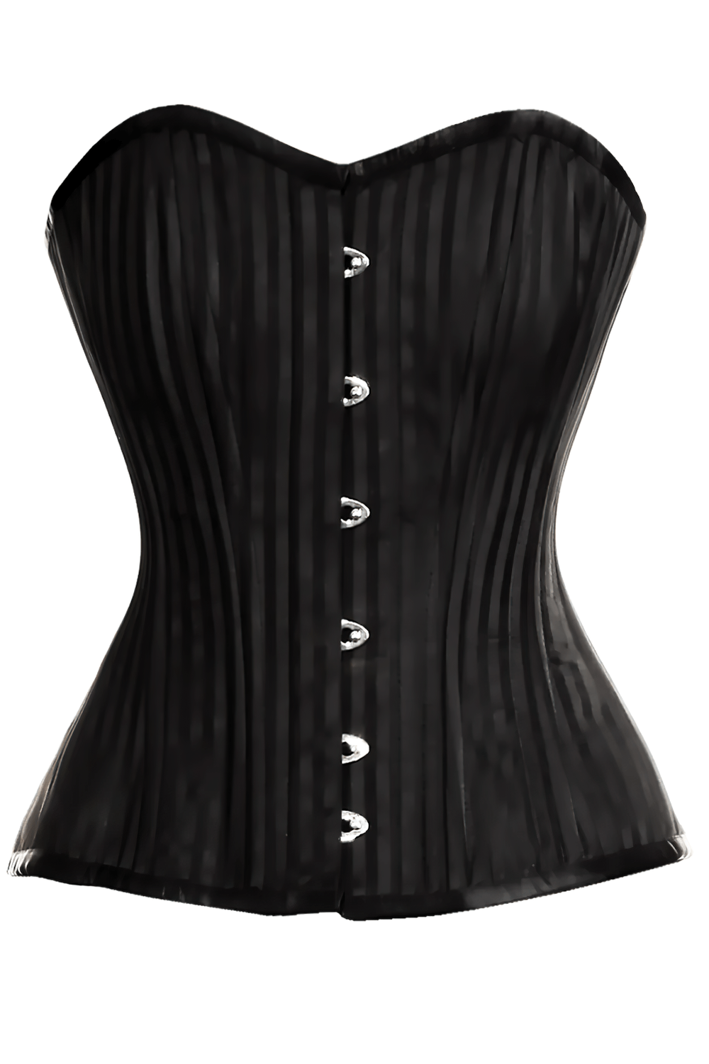 Alt Tag: Black Striped Overbust Waist Training Corset Top with steel boning, front busk closure, and lace-up back for gothic Victorian hourglass fit