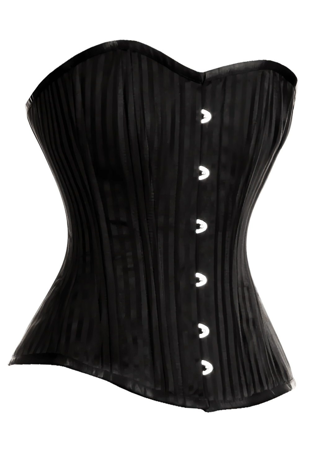 Alt Tag: Black Striped Overbust Waist Training Corset Top Victorian Gothic steel boned lace-up bustier with front busk closure