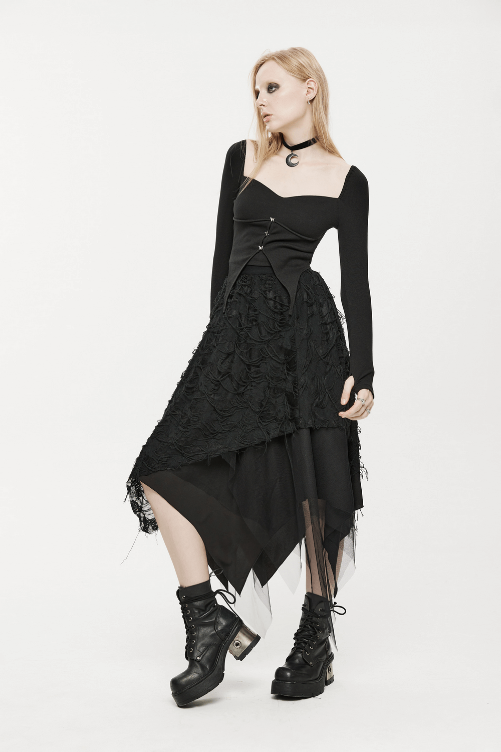 Black Gothic Stylish Cutout Long Sleeve Crop Top - HARD'N'HEAVY