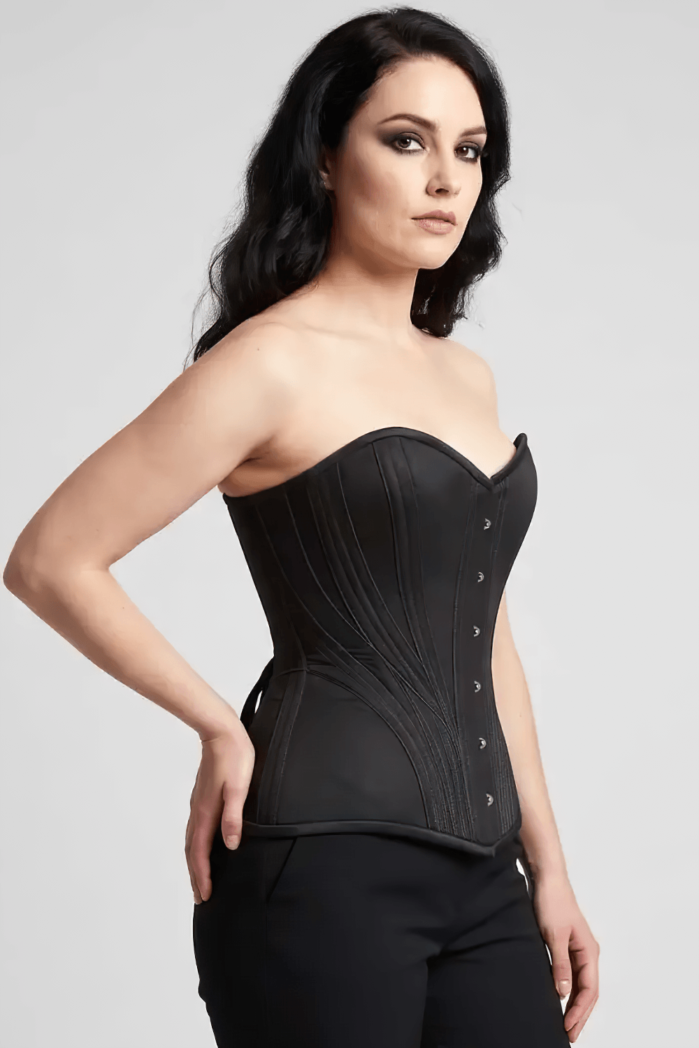 Black Gothic Sweetheart Longline Waist Trainer Corset Bodice, Victorian steel boned overbust corset with fan boning detail