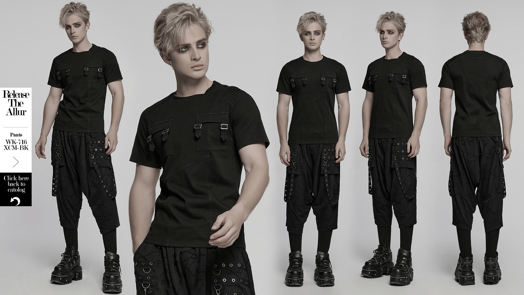 Black gothic T-shirt with buckles, layered panels, and 3D shoulder pleating in a stylish dark punk look.