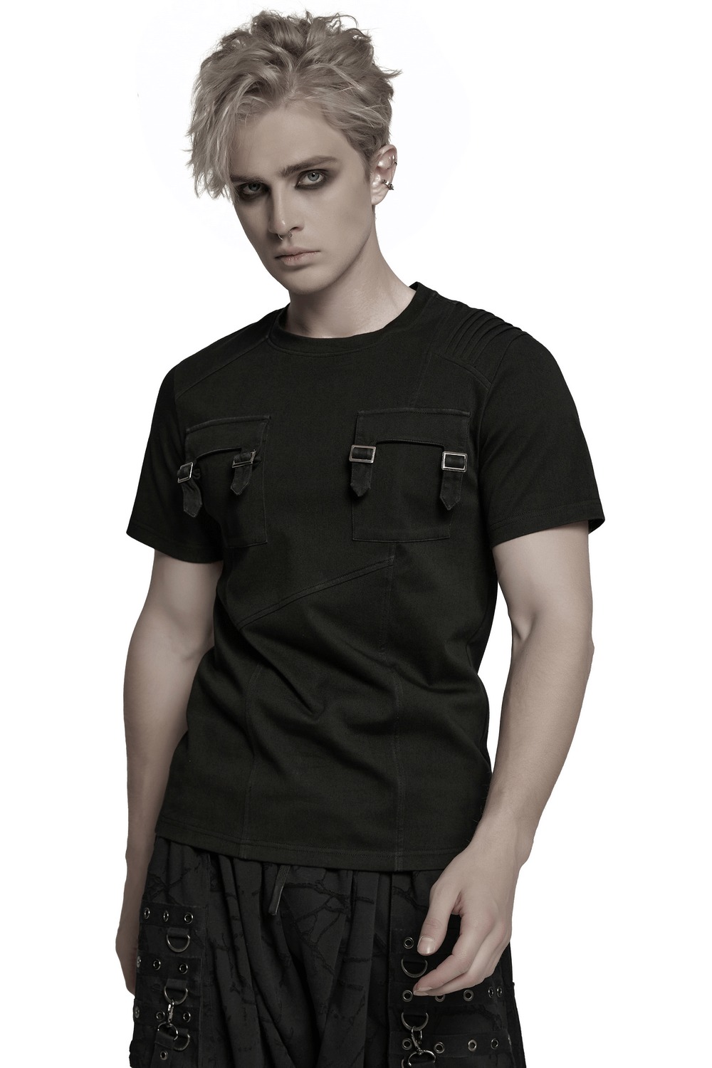 Black gothic T-shirt with buckles, pockets, and unique shoulder detail for a punk-inspired style.