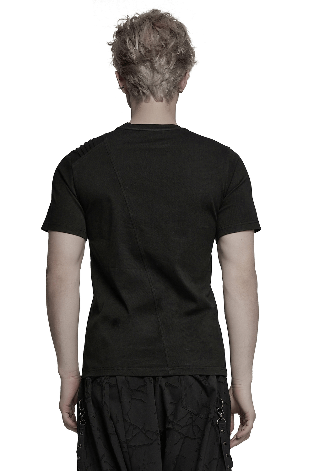 Back view of a black gothic T-shirt featuring unique shoulder detailing and asymmetric seams.