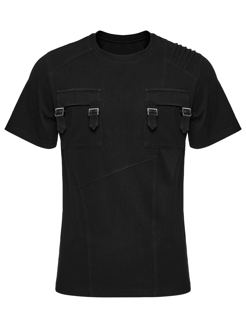 Black gothic T-shirt with buckle pockets, asymmetric seams, and structured shoulder detail for a punk style.