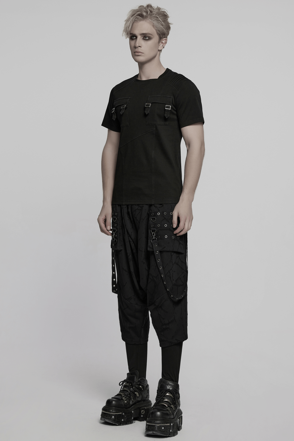 Black gothic T-shirt with buckles and pockets, paired with edgy cargo pants for a dark punk look.