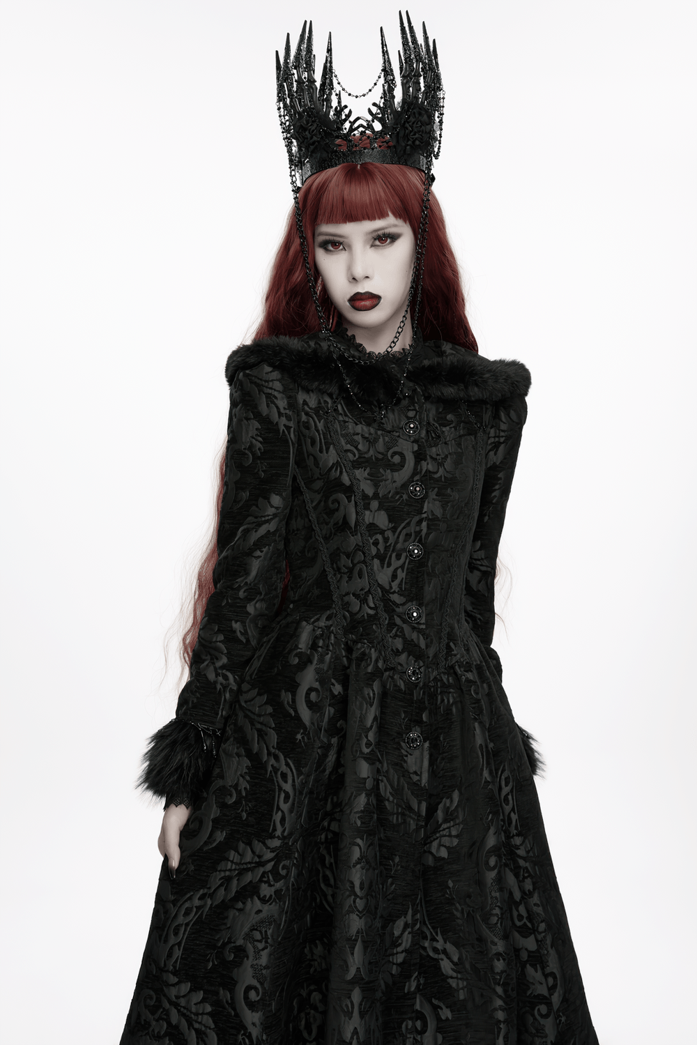 Model wearing a Black Gothic Thorn Crown with Chains and Bone Hands, styled in a dark gothic fashion.