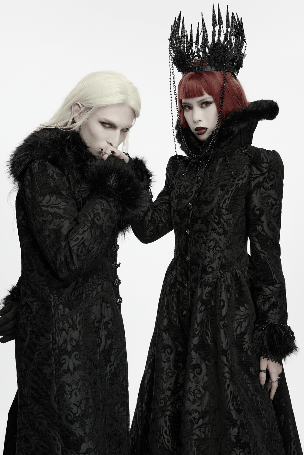 Black Gothic Thorn Crown with Chains and Bone Hands showcased with dark, dramatic fashion in a gothic photoshoot.
