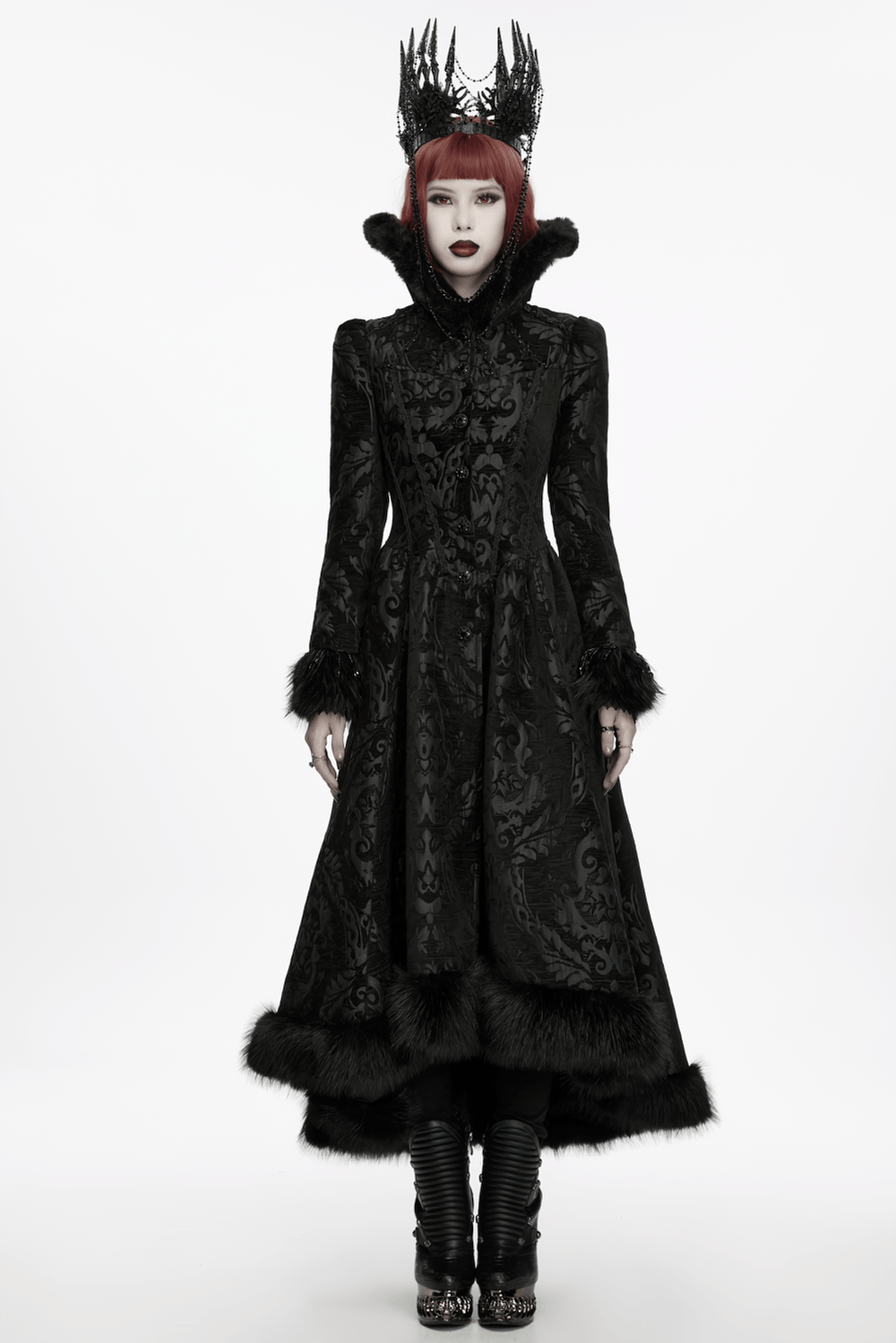 Black Gothic Thorn Crown with Chains and Bone Hands worn with a dramatic black coat and a striking gothic look.