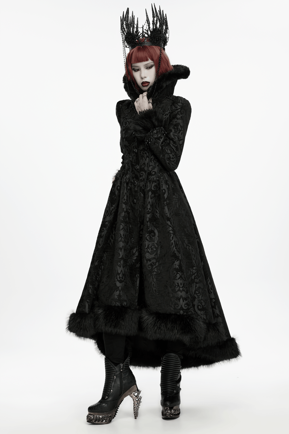 Black Gothic Thorn Crown with Chains and Bone Hands worn with a dramatic black coat and edgy boots.