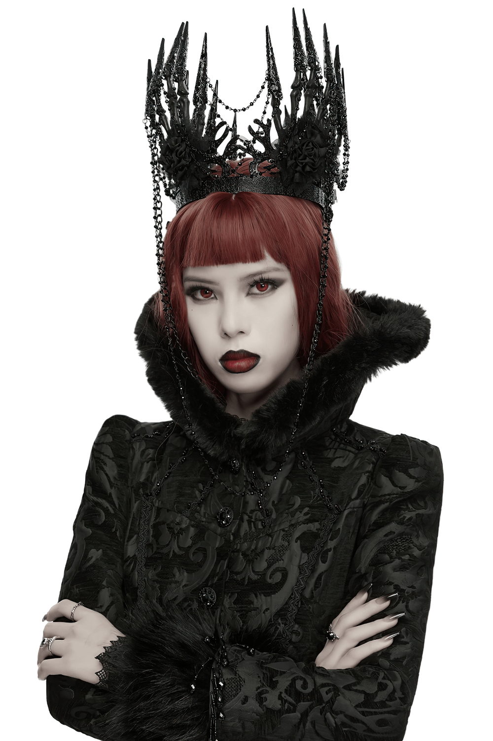 Black Gothic Thorn Crown with Chains and Bone Hands worn by a model in black attire, showcasing gothic elegance.