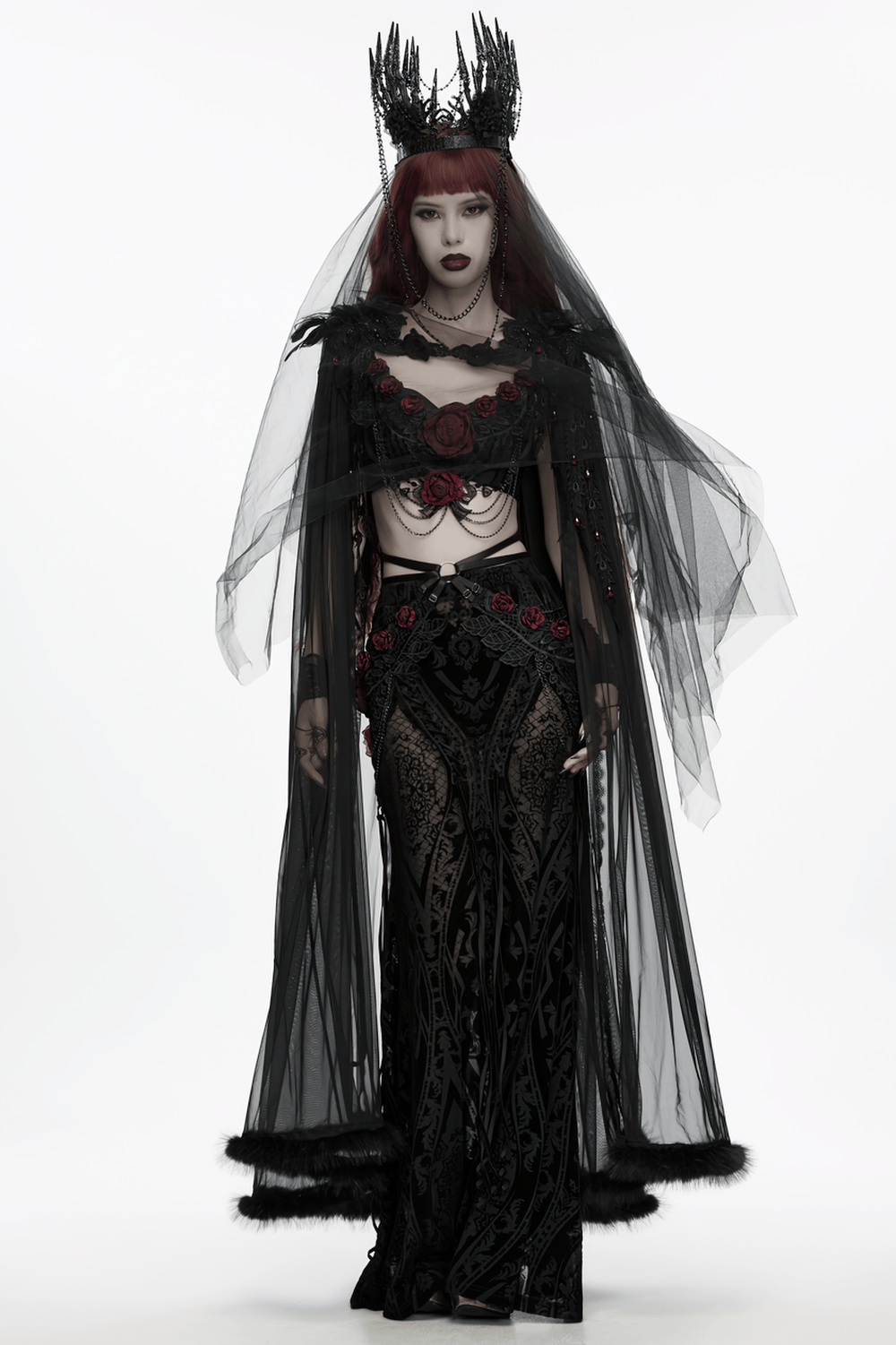 Black Gothic Thorn Crown with Chains and Bone Hands worn by a model in a dark, elegant outfit with roses.