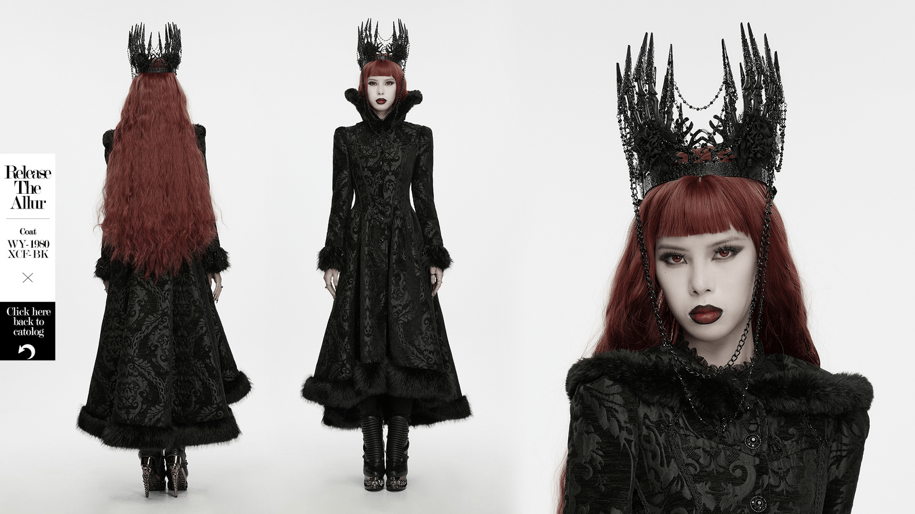 Black Gothic Thorn Crown with Chains and Bone Hands worn with a dramatic black coat in a gothic photoshoot.