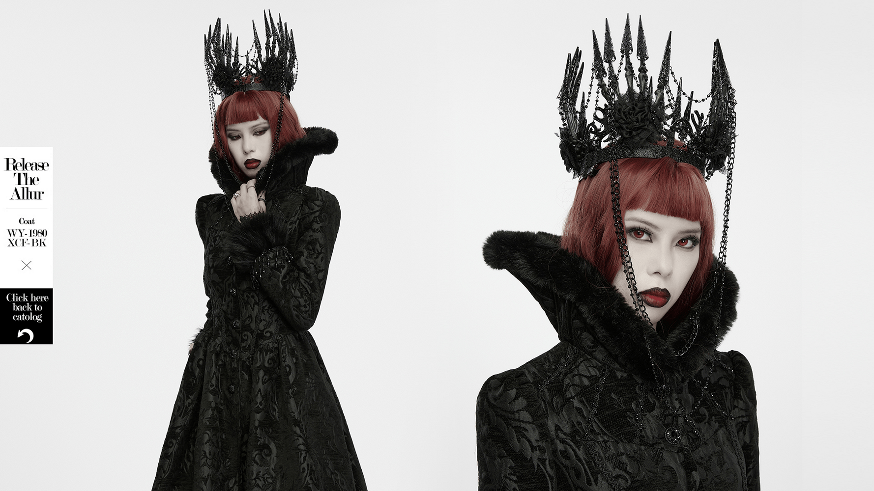 Model wearing a Black Gothic Thorn Crown with Chains and Bone Hands, styled in dark gothic fashion.