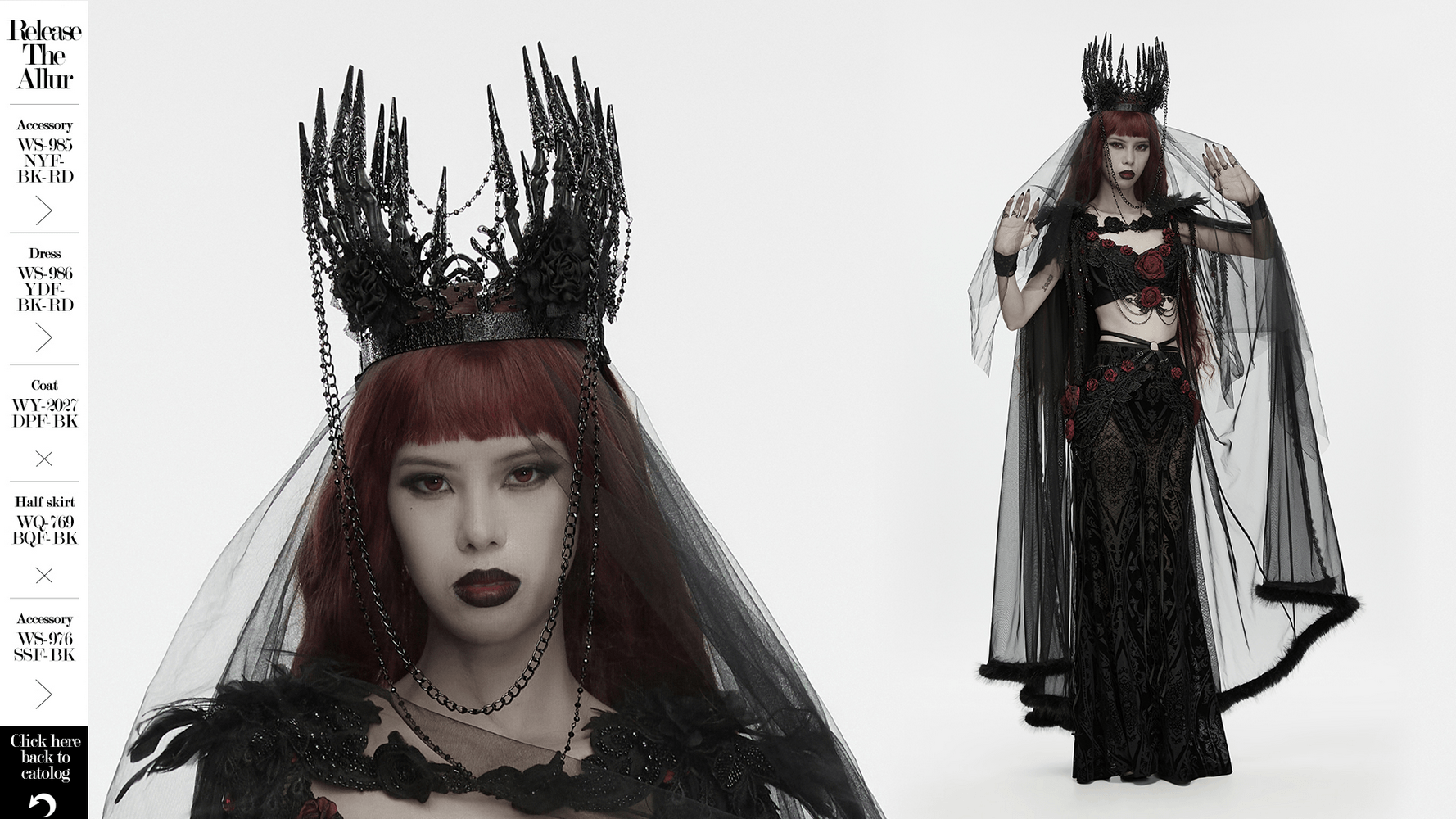 Model showcasing a Black Gothic Thorn Crown with Chains and Bone Hands with a flowing black gown and layered veil.