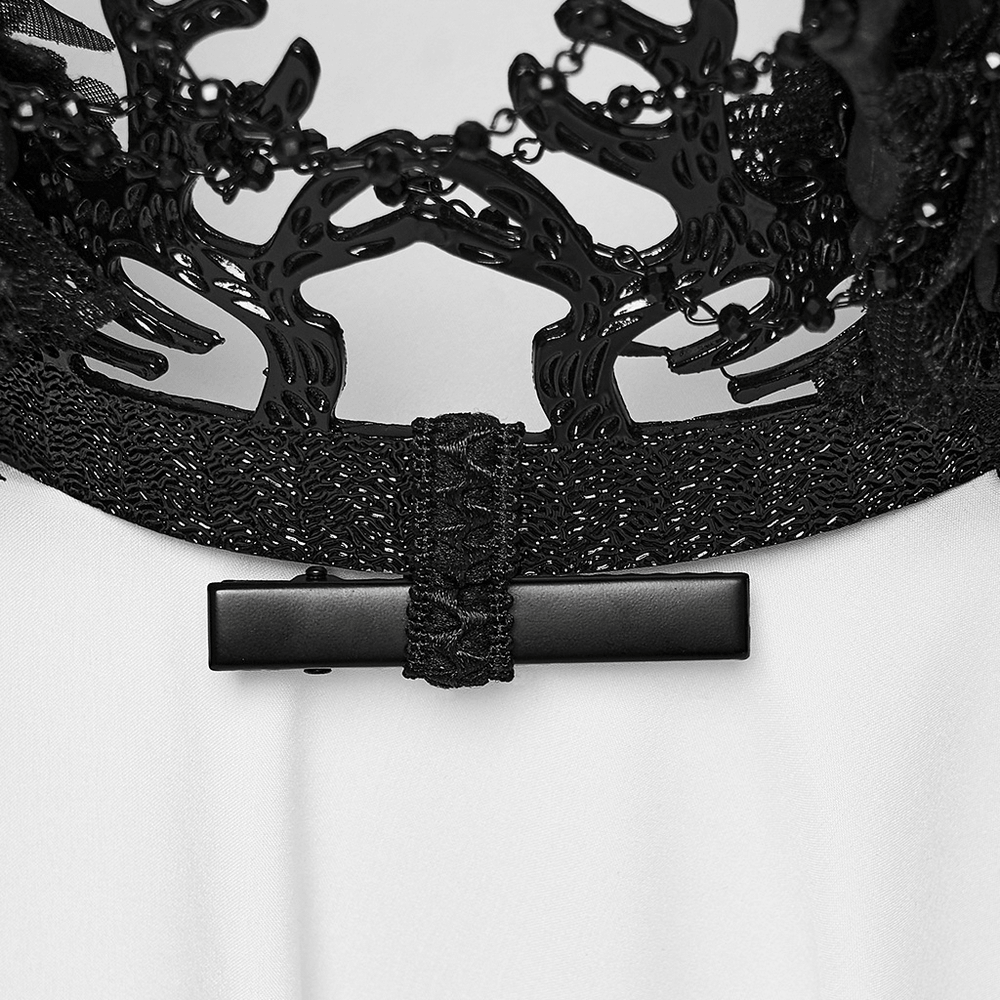 Black Gothic Thorn Crown with Chains and Bone Hands detail showcasing intricate lace and a sleek black clasp.
