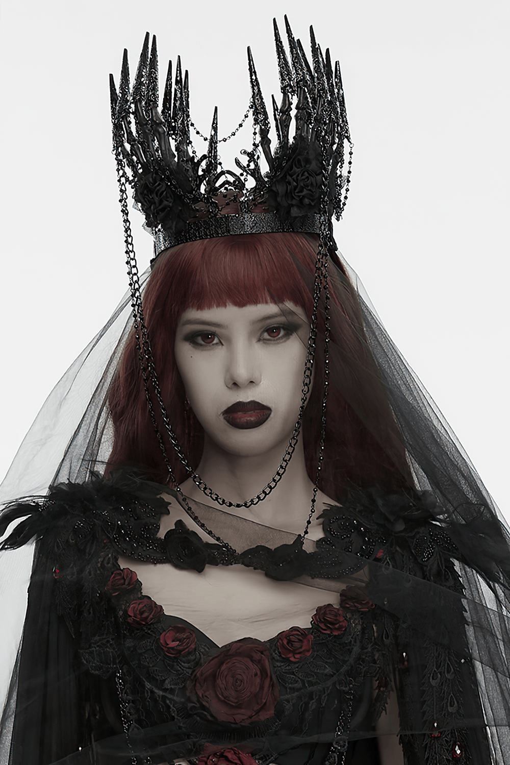 Black Gothic Thorn Crown with Chains and Bone Hands worn by a model with red hair and a gothic veil.