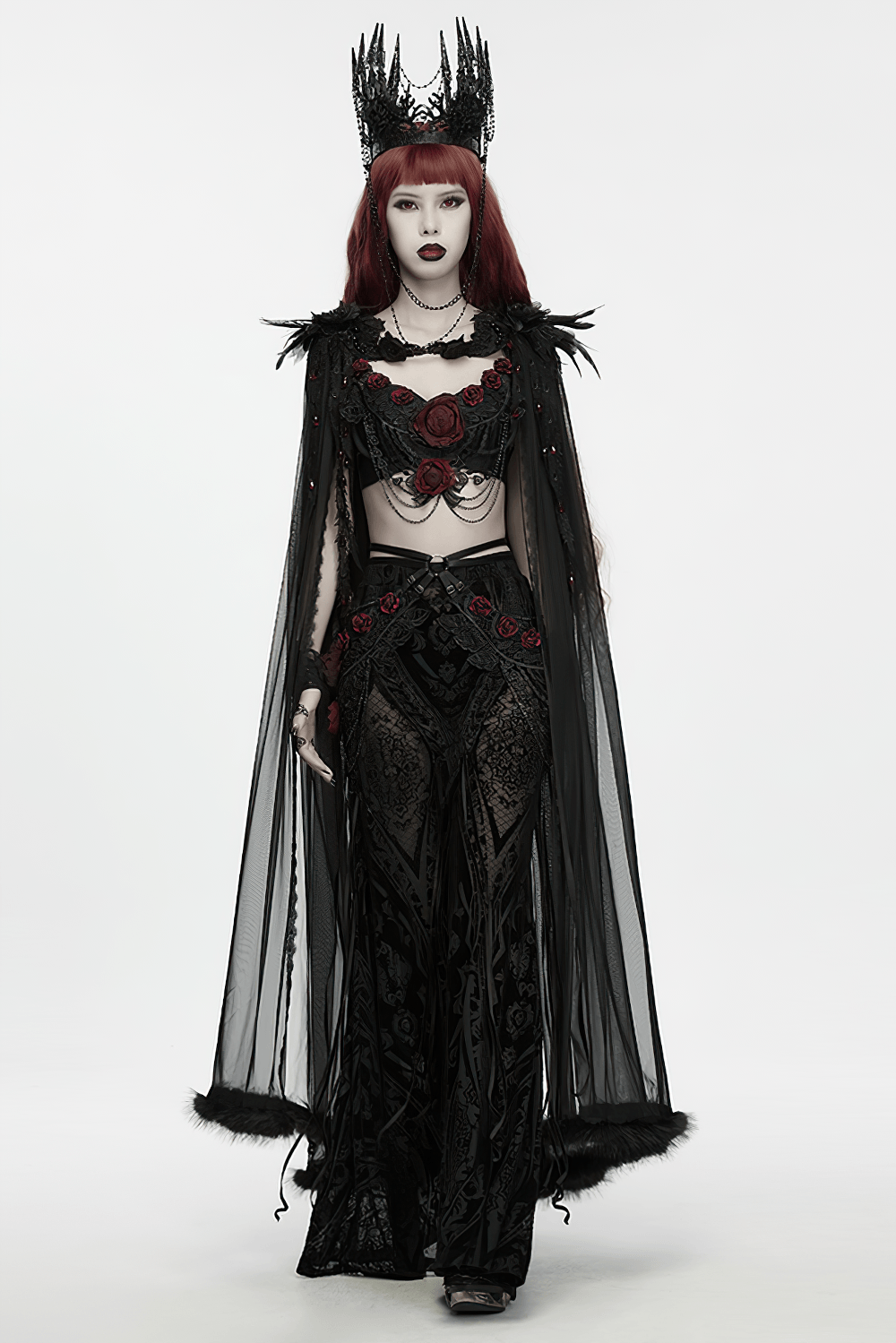 Model wearing Black Gothic Thorn Crown with Chains and Bone Hands, showcasing lace roses and dramatic black cape.