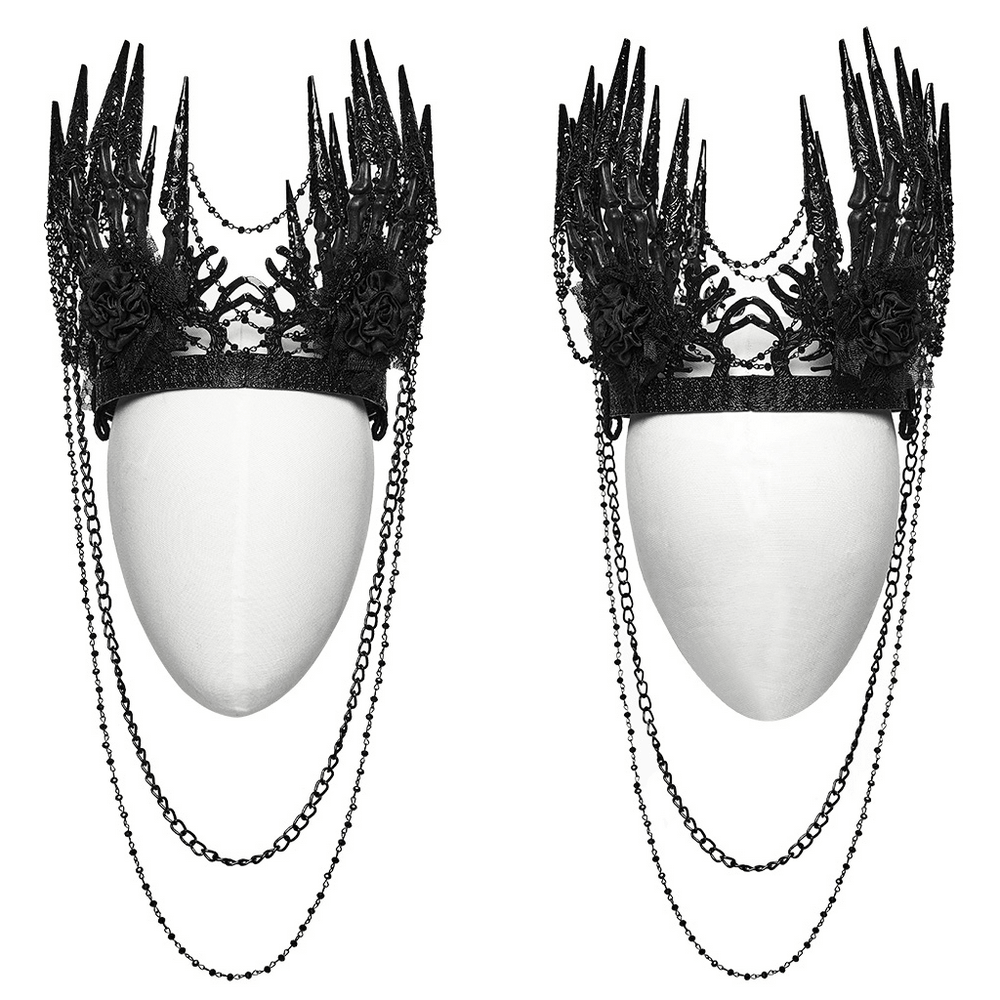 Black Gothic Thorn Crown with Chains and Bone Hands showcasing thorn spires, chains, and black lace roses.