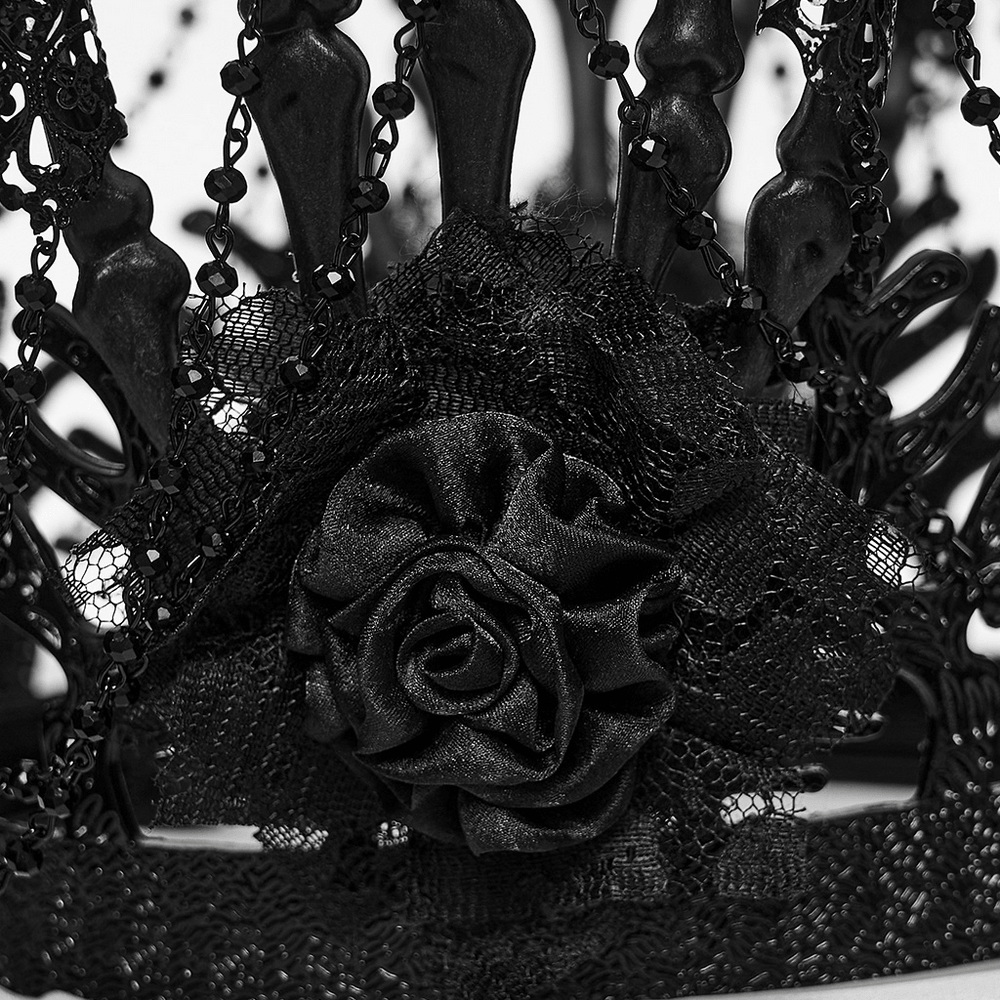 Black Gothic Thorn Crown with Chains and Bone Hands featuring lace roses and intricate bone-like details.