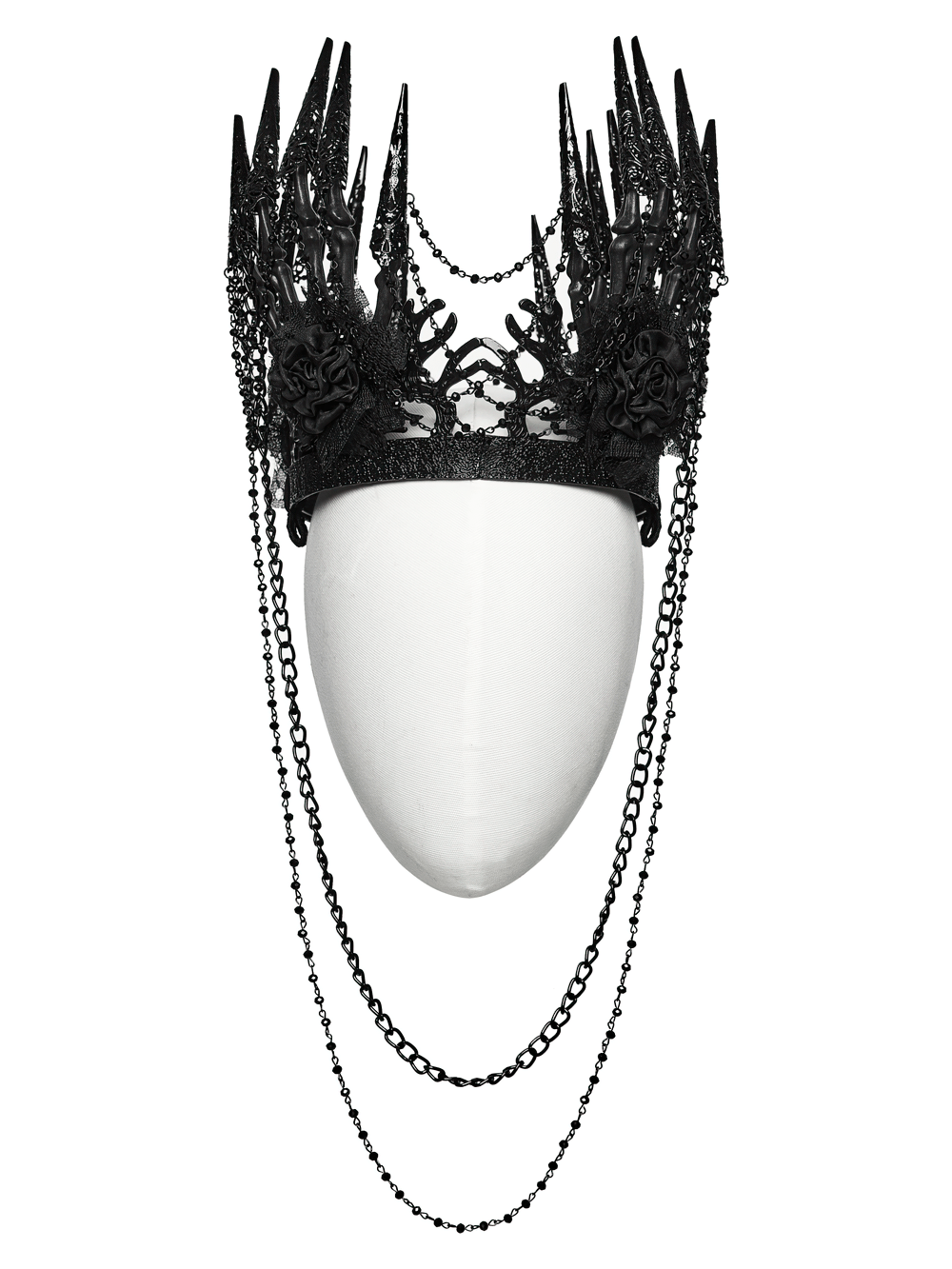 Black Gothic Thorn Crown with Chains and Bone Hands showcased on a display head with intricate gothic design.
