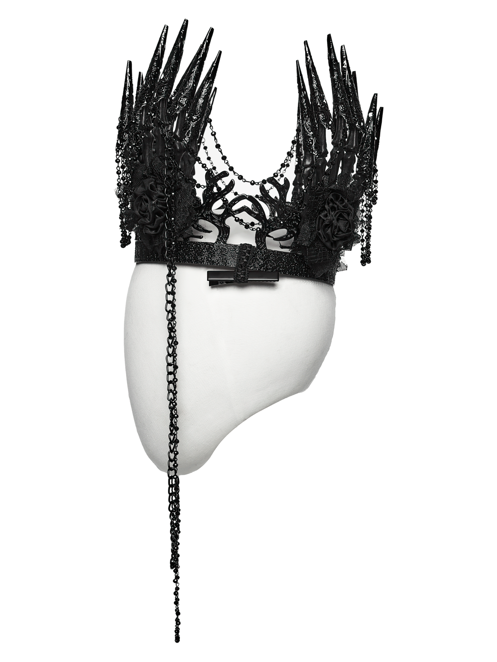 Black Gothic Thorn Crown with Chains and Bone Hands showcasing spiked design and lace rose accents.