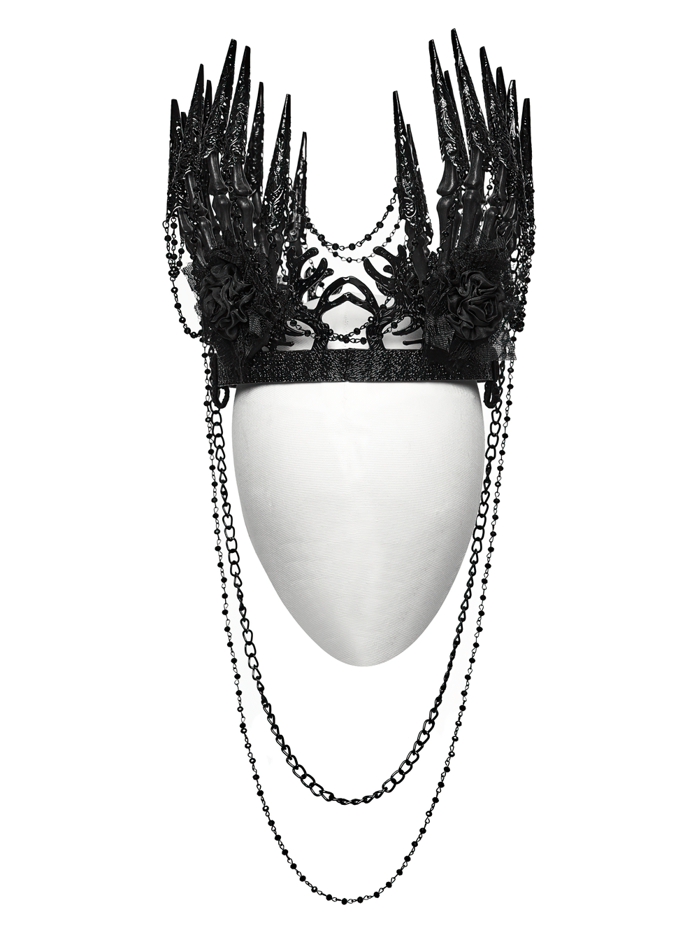 Black Gothic Thorn Crown with Chains and Bone Hands featuring bone-like spires and draped chains.