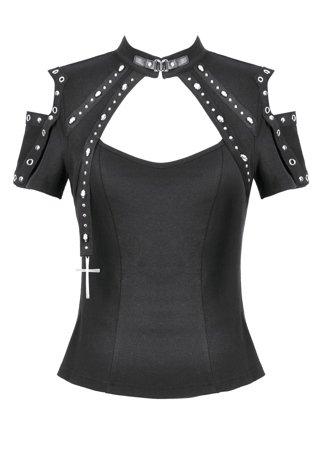 Stylish black gothic top featuring a studded cross and cut-out design for a bold, edgy look.