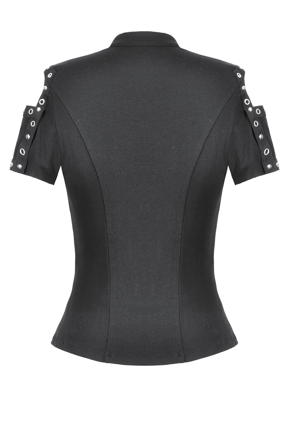 Back view of a black gothic top with studded details and cut-out design for a bold fashion statement.