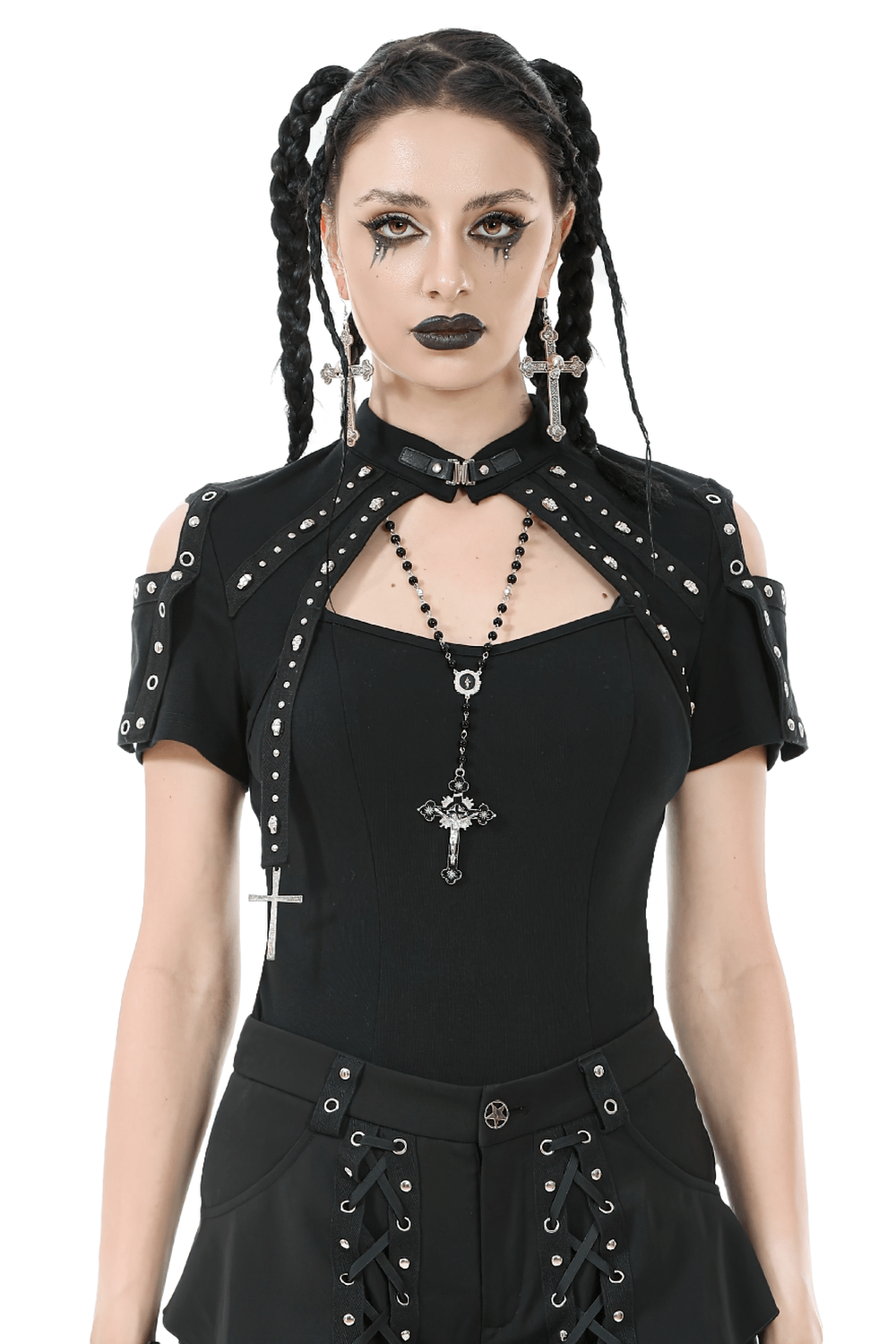 Black gothic top featuring a studded cross, cut-out design, and stylish shoulder straps, perfect for edgy fashion.