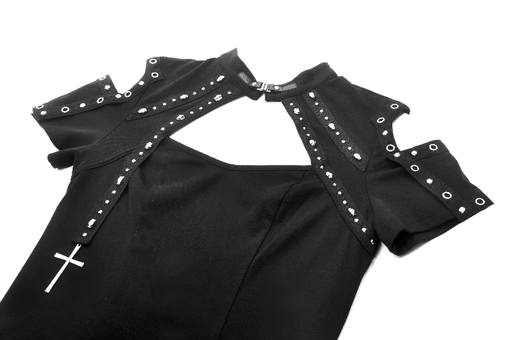 Black gothic top featuring studded cross and edgy cut-out design, perfect for alternative fashion lovers.