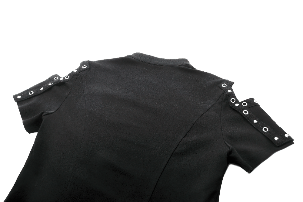 Back view of a black gothic top featuring studded shoulder details and cut-out design for a bold edgy look.