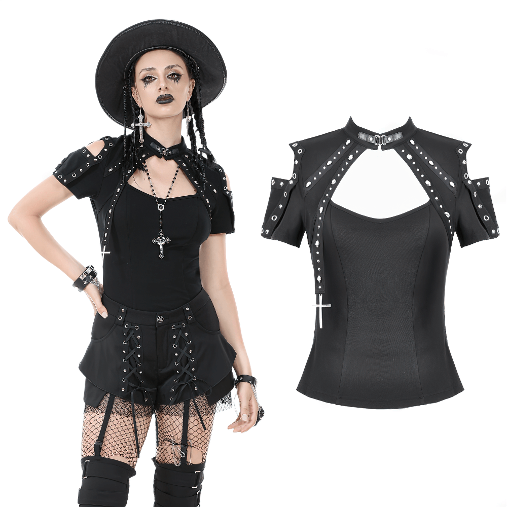 Black gothic top with studded cross and cut-out design, ideal for edgy fashion enthusiasts.