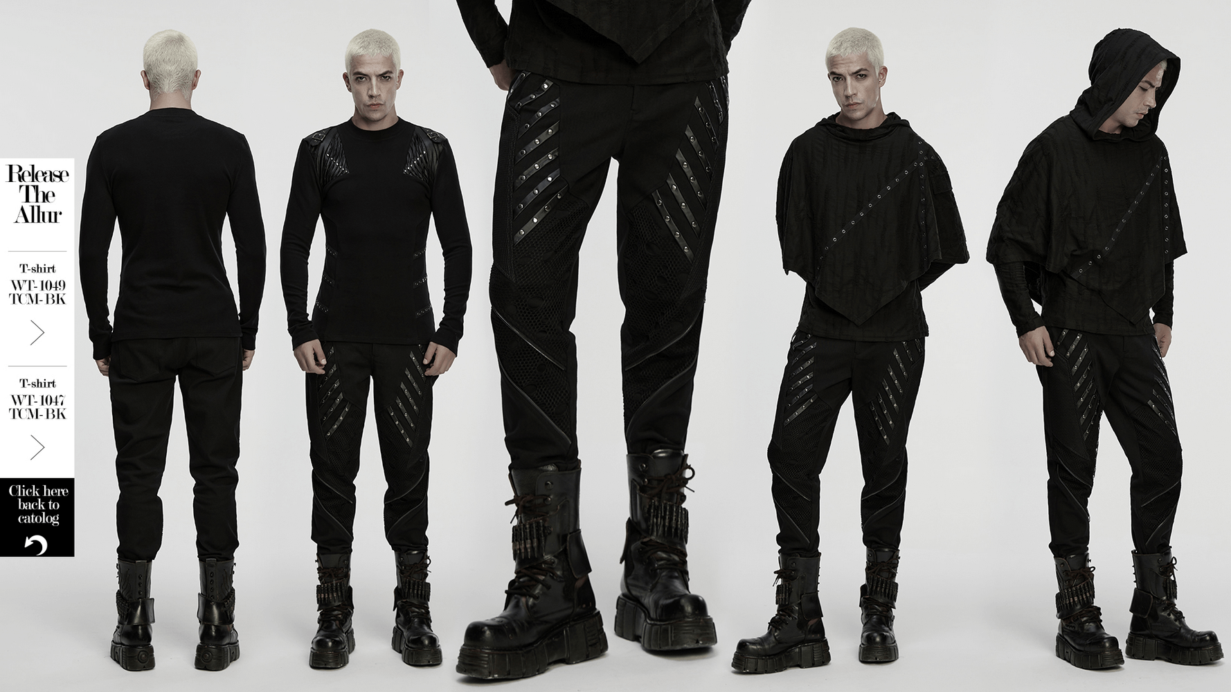 Black Gothic Twill Pants with Mesh and Rivet Detailing showcased in a punk-inspired fashion look.