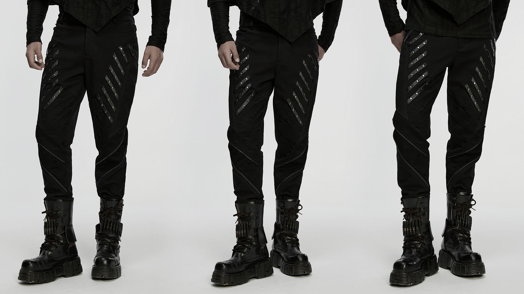 Black Gothic Twill Pants with Mesh and Rivet Detailing showcasing punk-inspired design and dynamic texture.