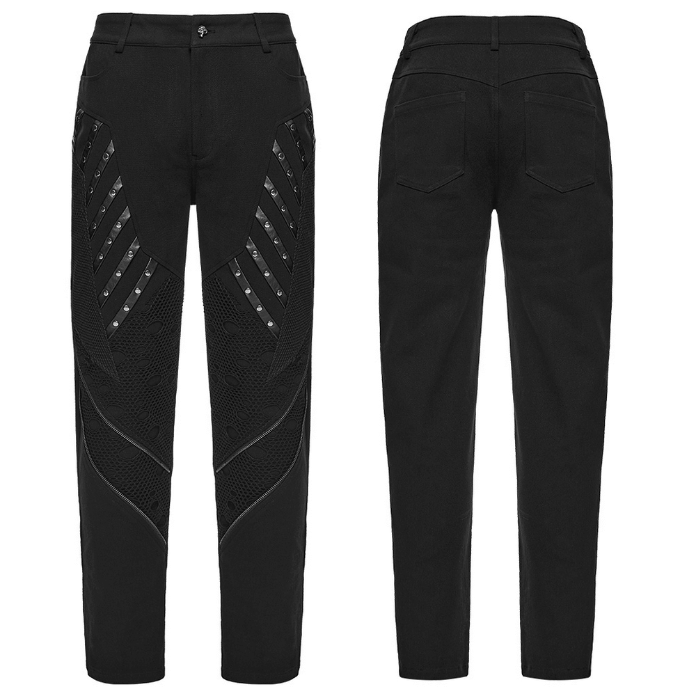 Black Gothic Twill Pants with Mesh and Rivet Detailing featuring bold rivets and dynamic panels.
