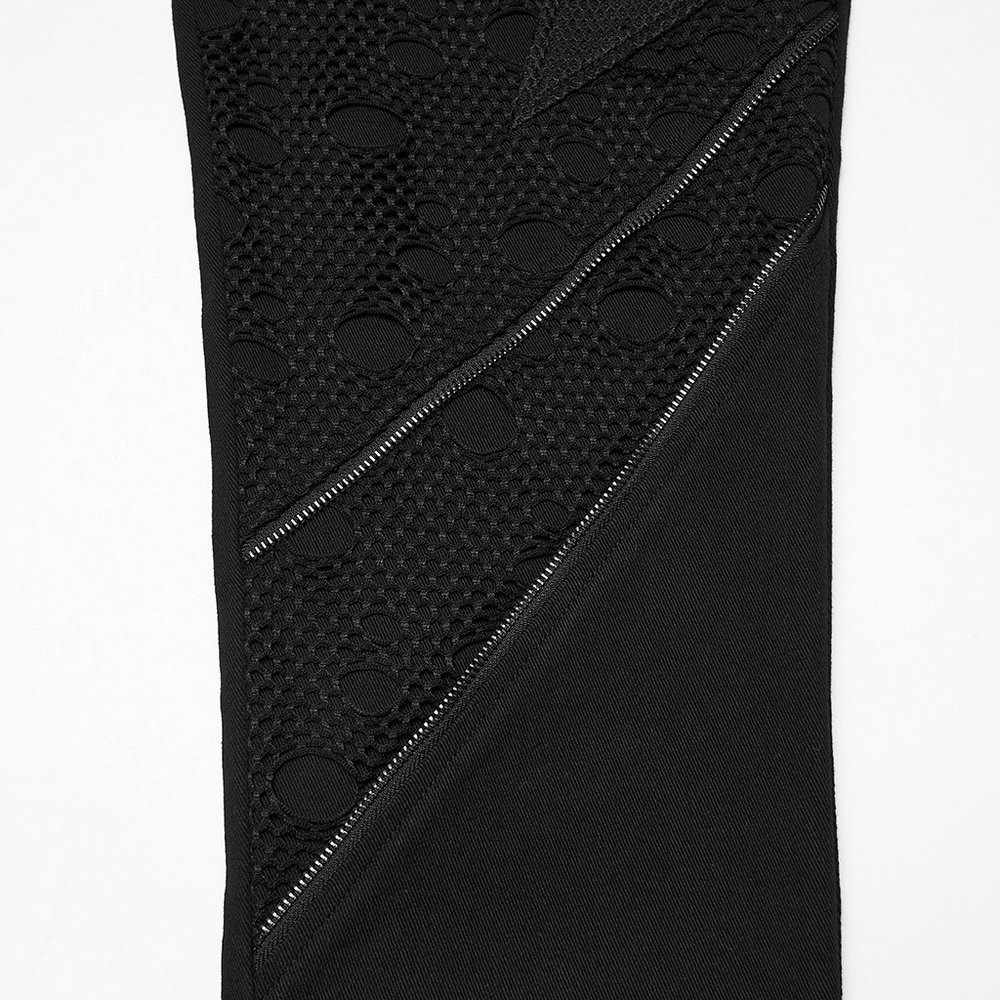 Black Gothic Twill Pants with Mesh and Rivet Detailing featuring unique mesh panels and zip details.