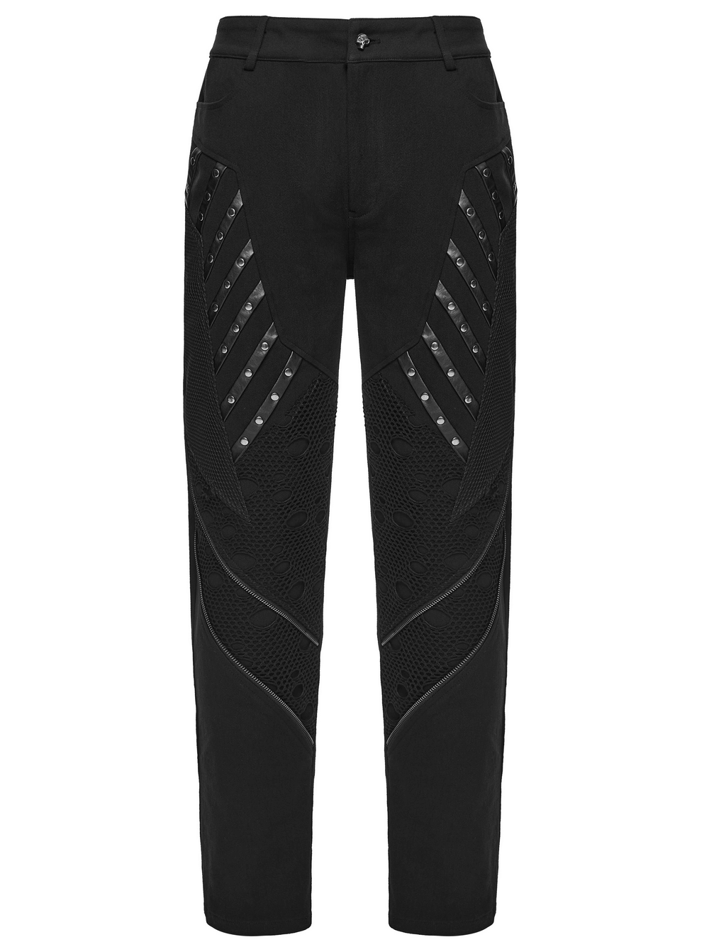 Black Gothic Twill Pants with Mesh and Rivet Detailing featuring unique splicing and rivet designs.
