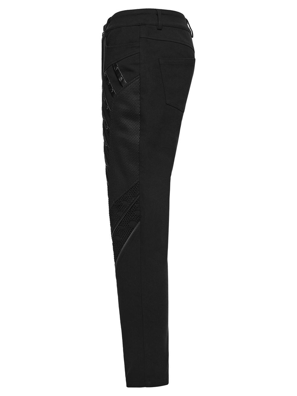 Black Gothic Twill Pants with Mesh and Rivet Detailing showcasing a bold side design with rivets and mesh panels.