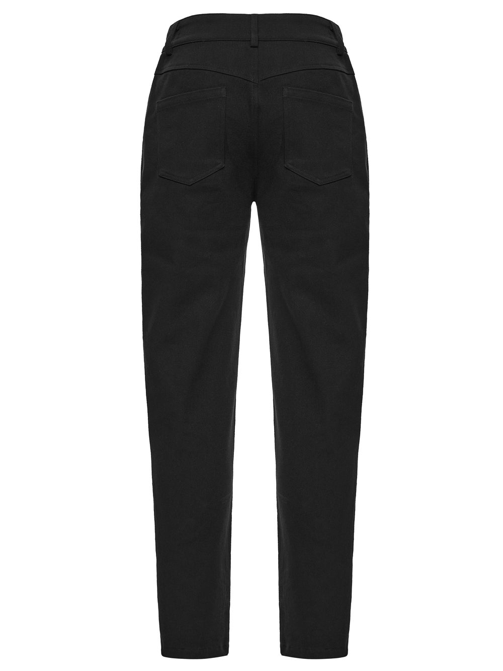 Back view of Black Gothic Twill Pants with Mesh and Rivet Detailing showcasing pockets and sleek fit.