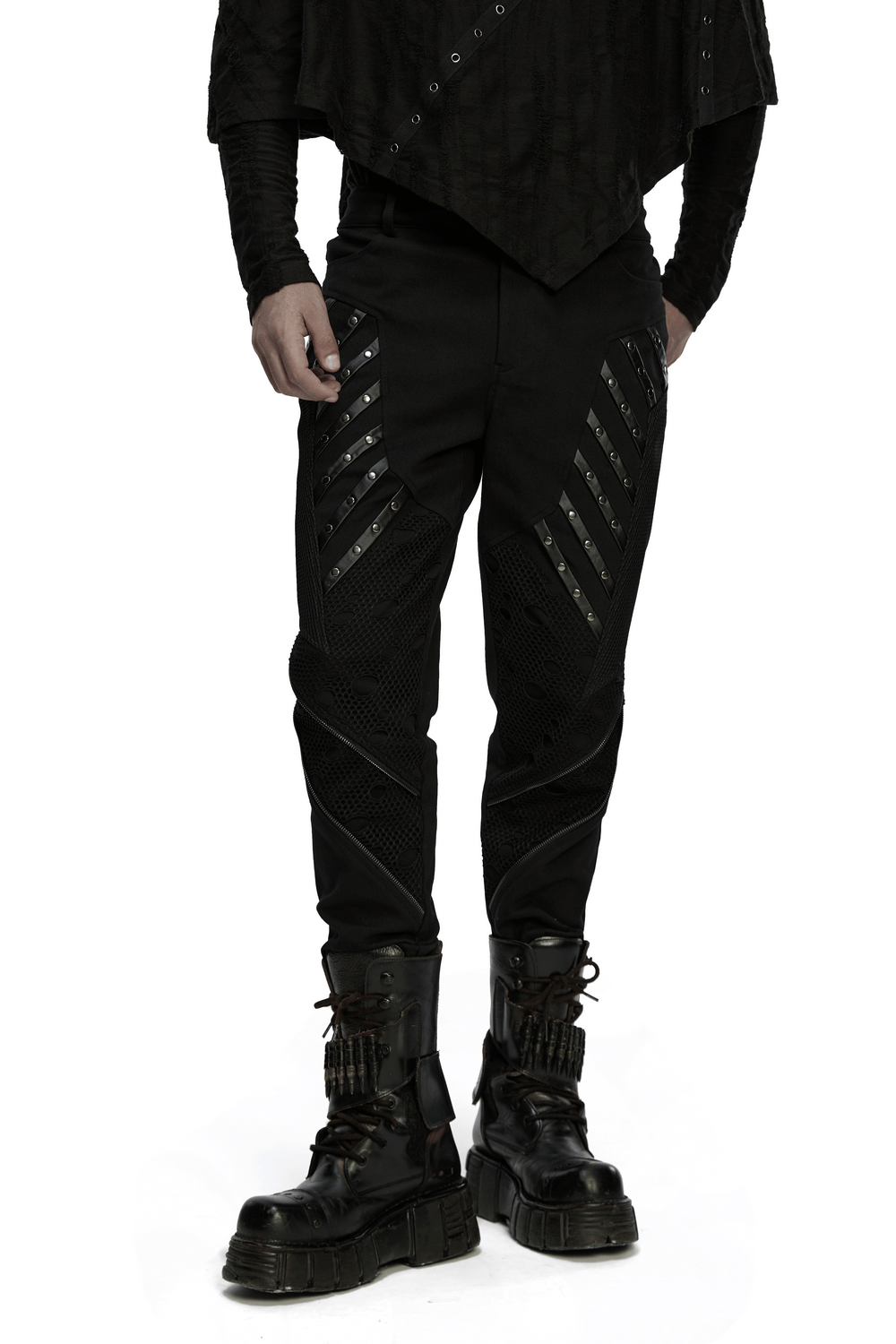 Black Gothic Twill Pants with Mesh and Rivet Detailing featuring bold elastic twill, mesh panels, and edgy rivet accents.