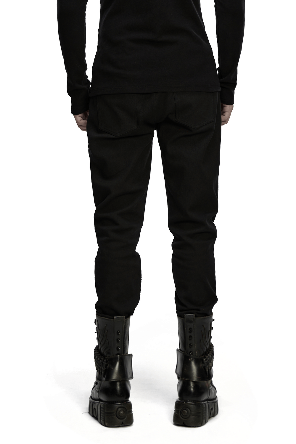 Black Gothic Twill Pants with Mesh and Rivet Detailing showcased from the back, featuring edgy style and punk flair.