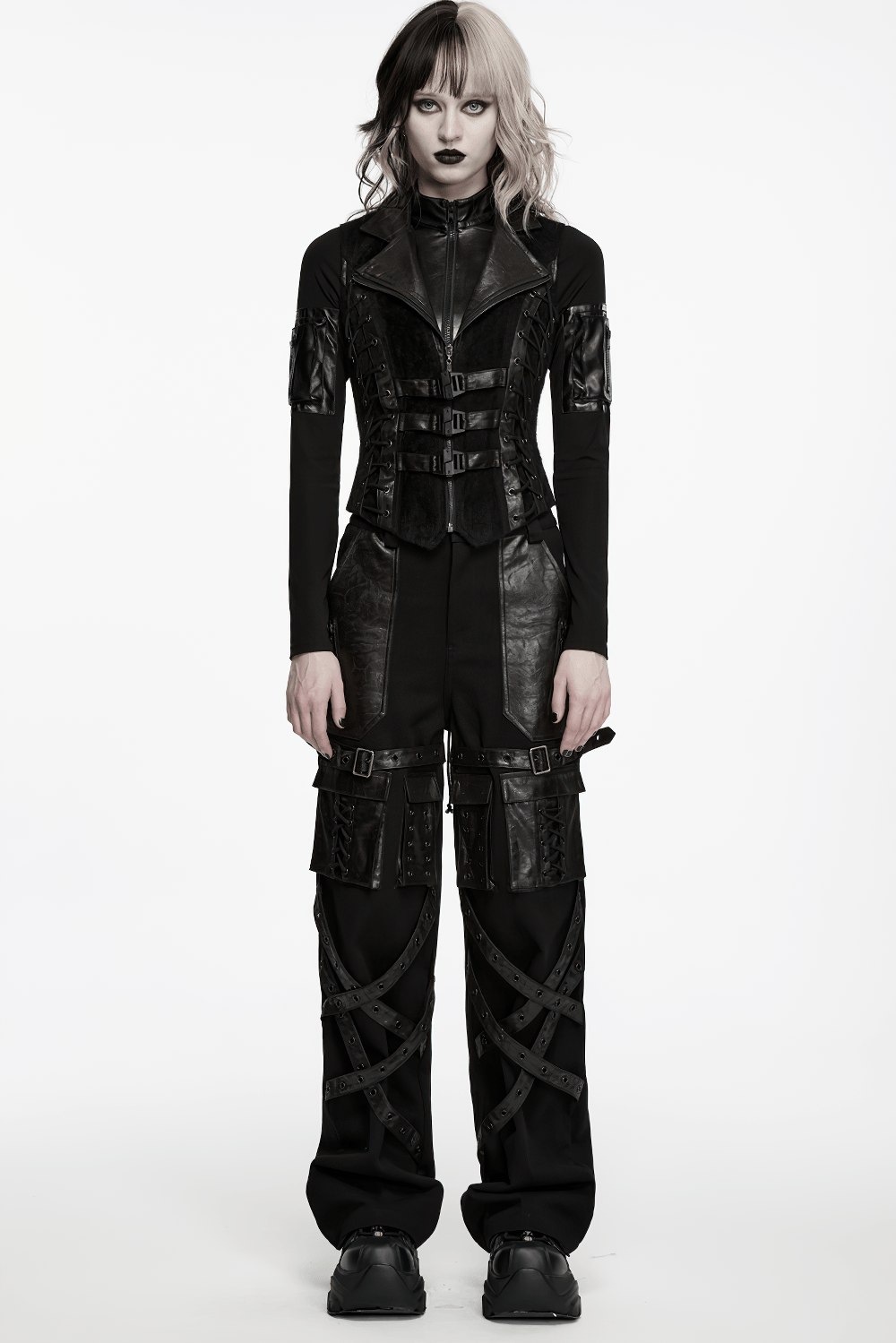 Black Gothic Utility Vest with Buckles and Corset Lacing worn by model, featuring a fitted design and structured lapel.