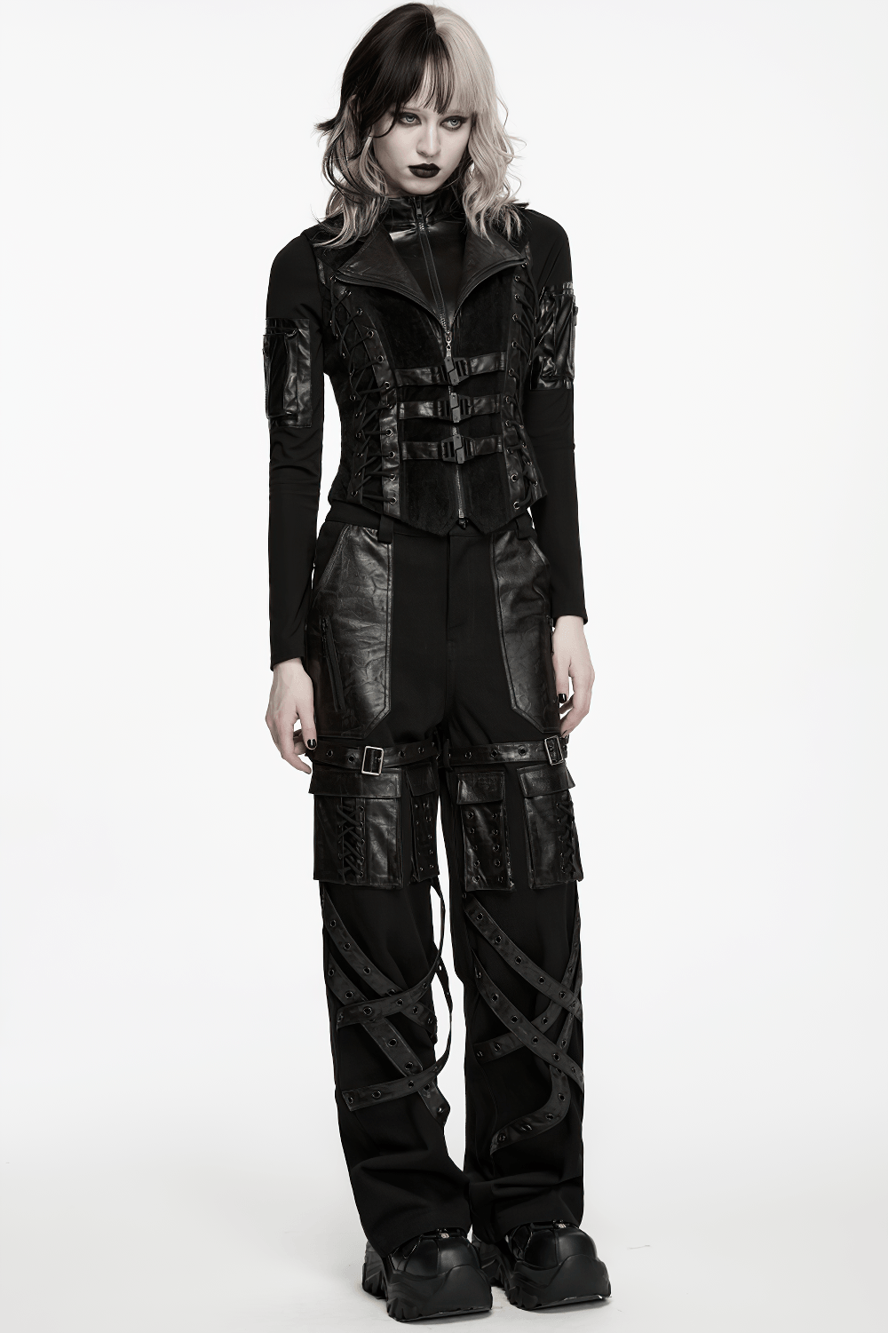 Black Gothic Utility Vest with Buckles and Corset Lacing shown on model, paired with punk style trousers.
